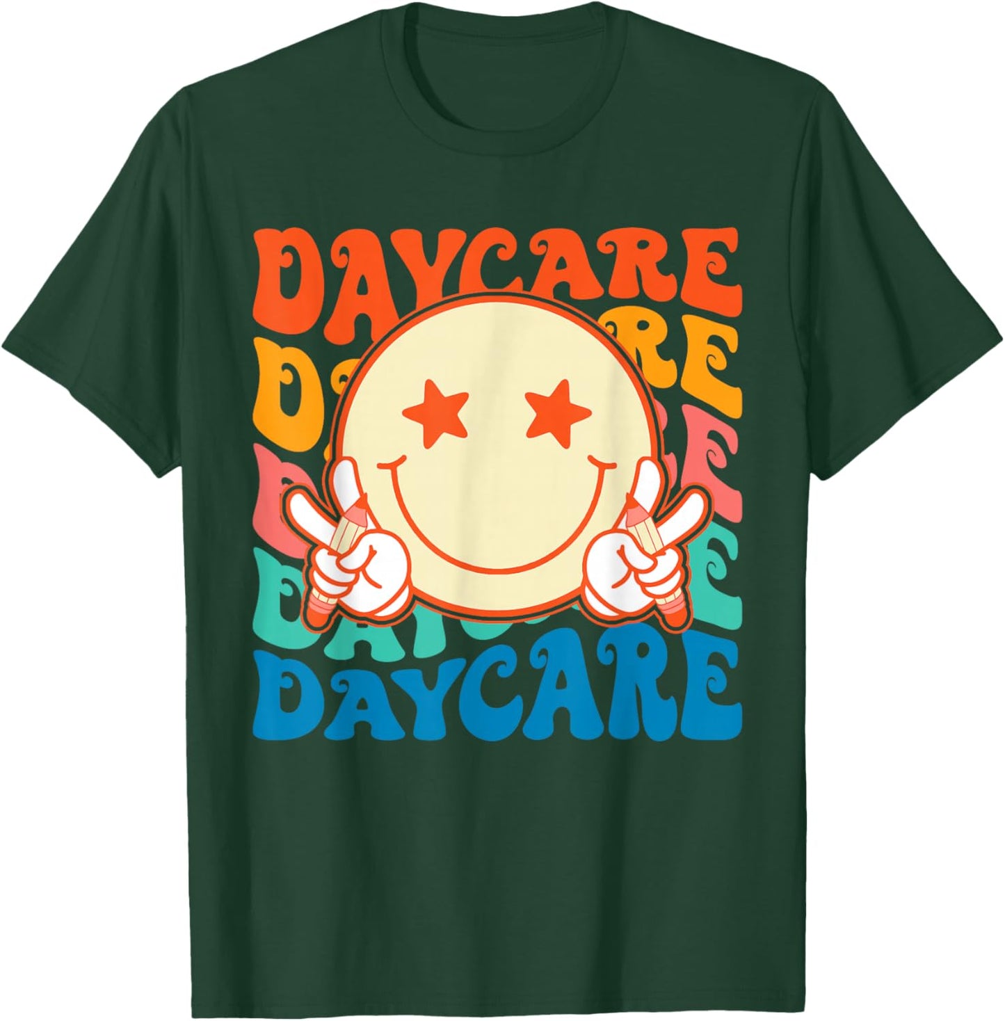 Smile face Daycare Groovy Teachers Kids First Day Of School T-Shirt - T-Shirt | Forest