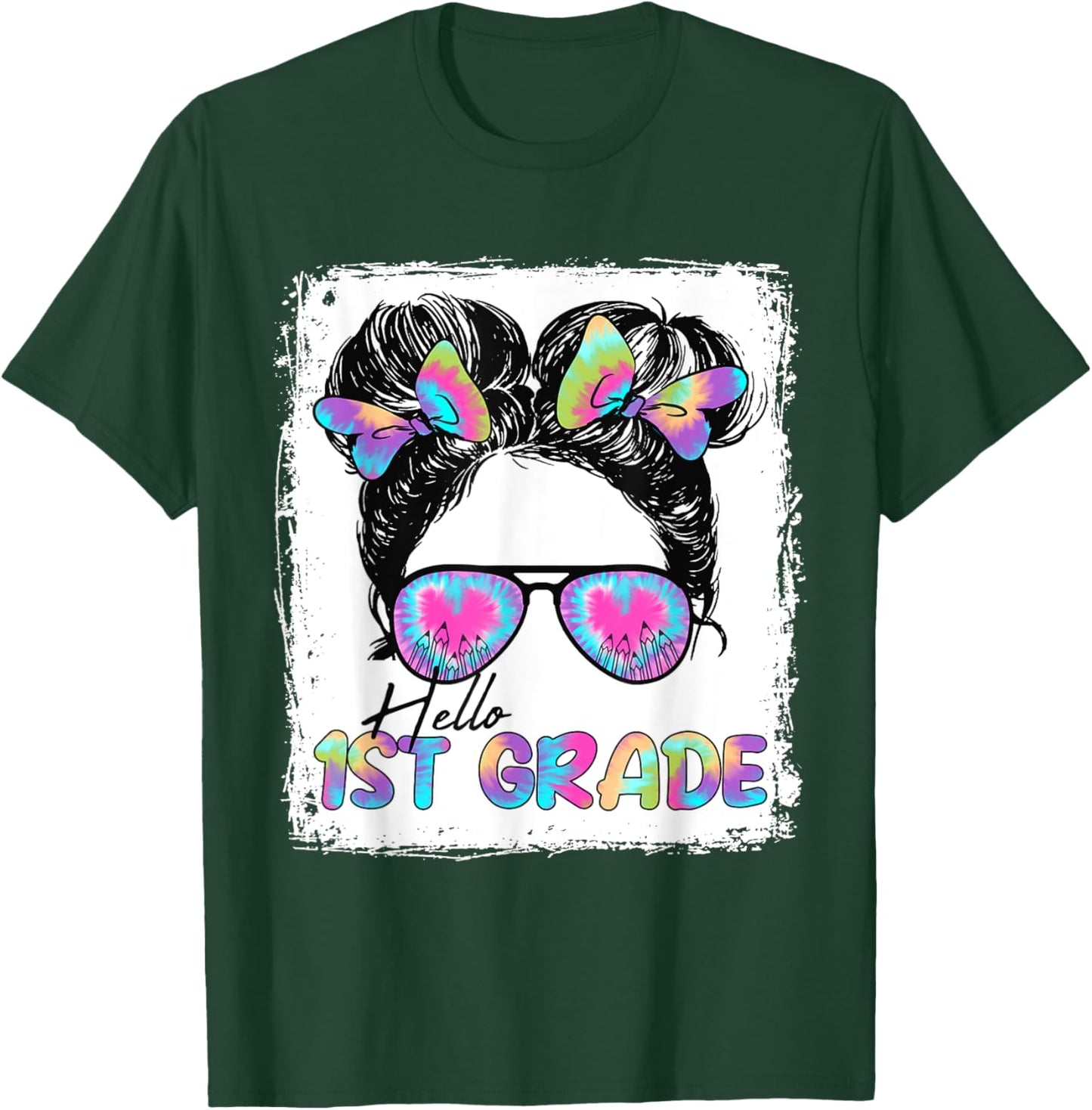 Hello 1st Grade Messy Hair Bun Girl Back To School First Day T-Shirt - T-Shirt | Forest