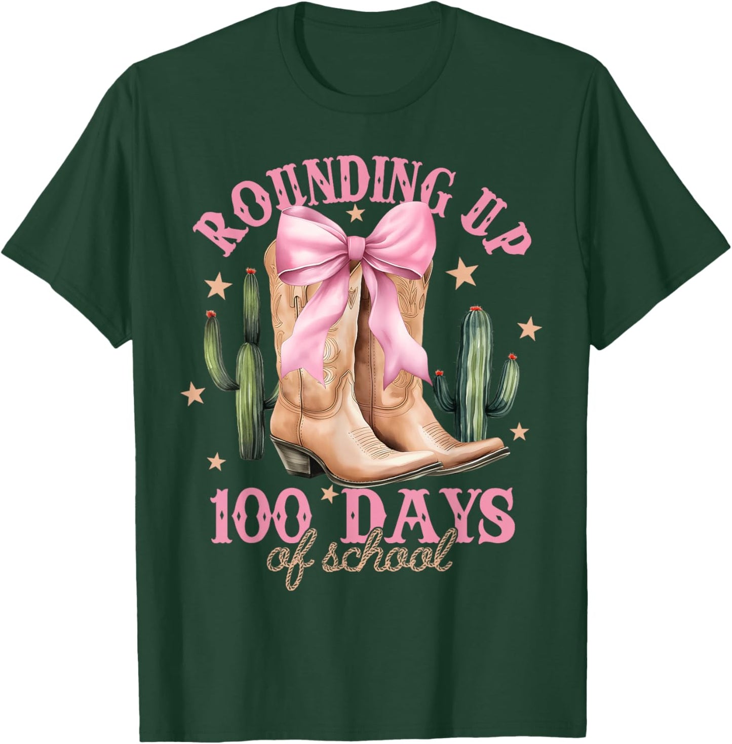 Rounding Up 100 Days Of School Pink Coquette Bow Teacher T-Shirt - T-Shirt | Forest