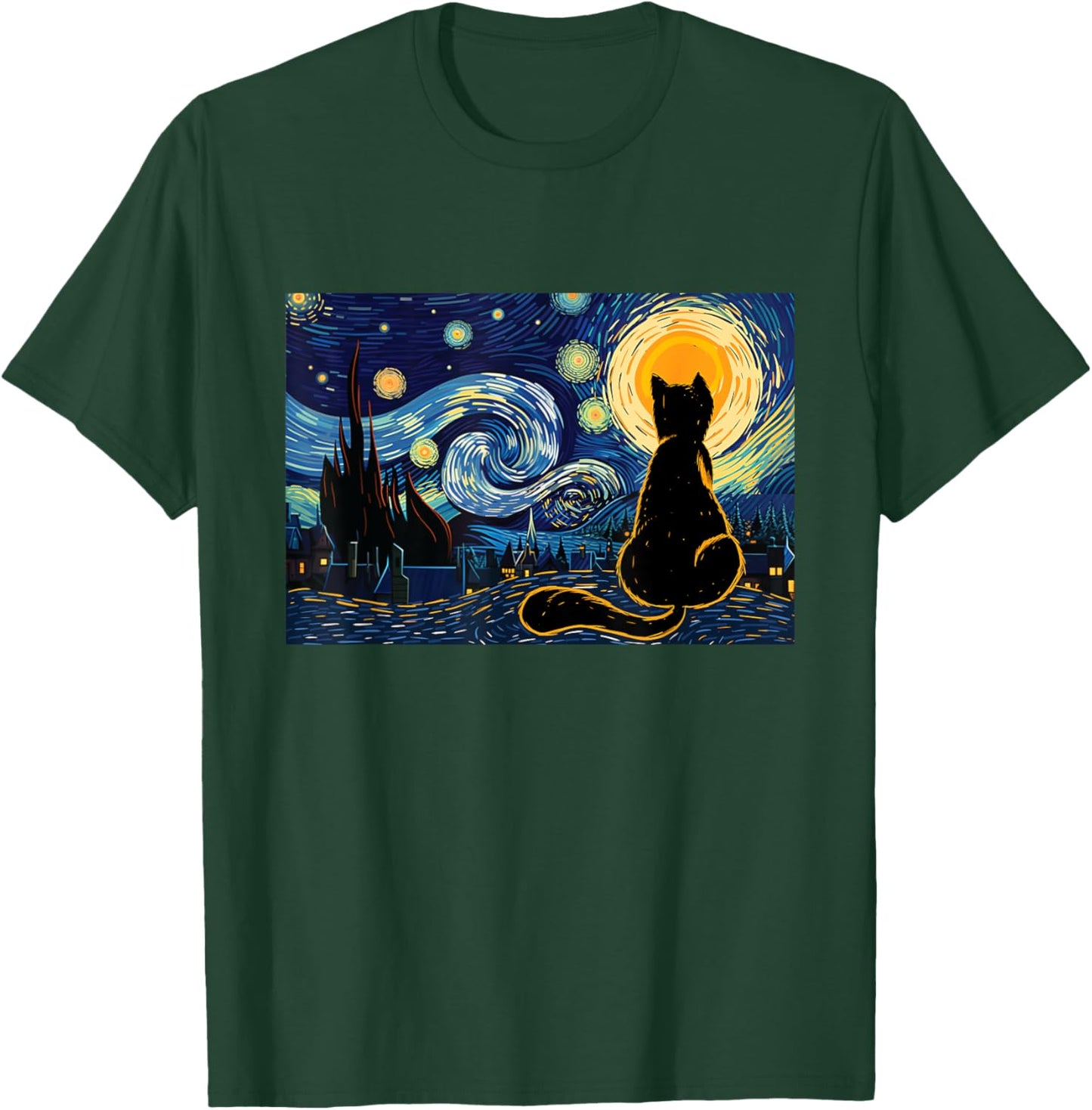 Cat Lookig At Starry Night - Cat Lover Kitten Owner Kitty Men Women Girls Kids T-Shirt - T-Shirt | Forest