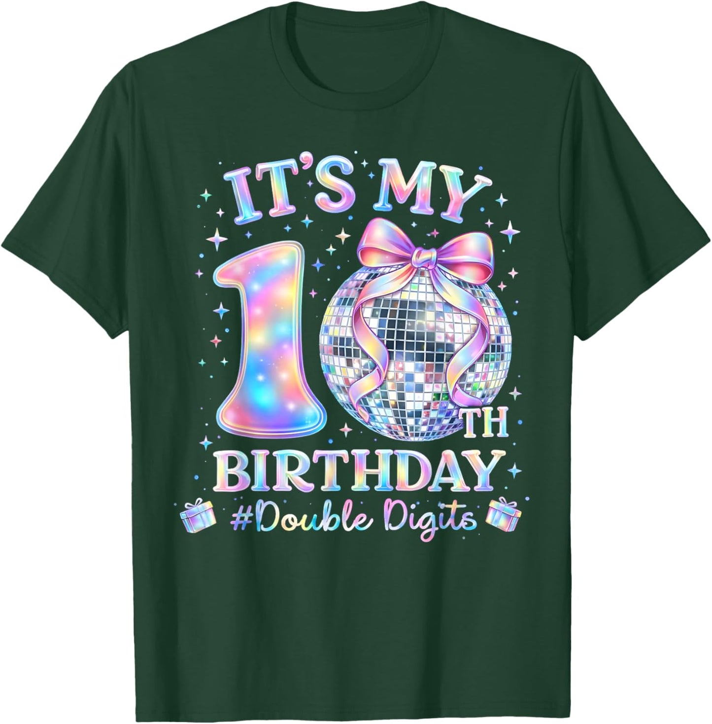 It's My 10th Birthday Girl Double Digits Disco Bow Ball T-Shirt - T-Shirt | Forest