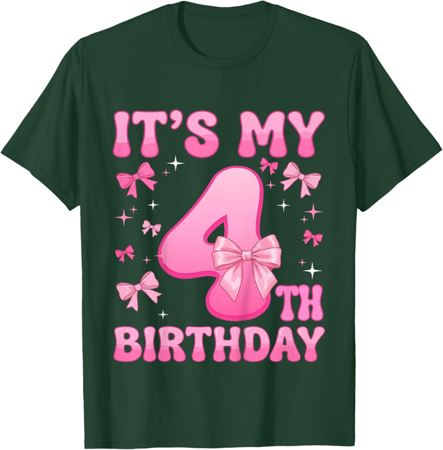 Kids 4th Birthday Shirt Girl Coquette Bow Kids Four 4 Year Old T-Shirt - T-Shirt | Forest