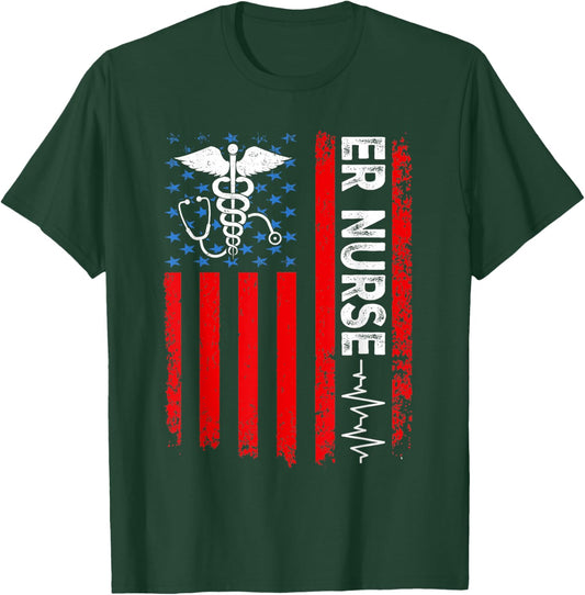 ER Nurse American Flag Patriotic ER Nurse 4th of July Women Men T-Shirt - T-Shirt | Forest