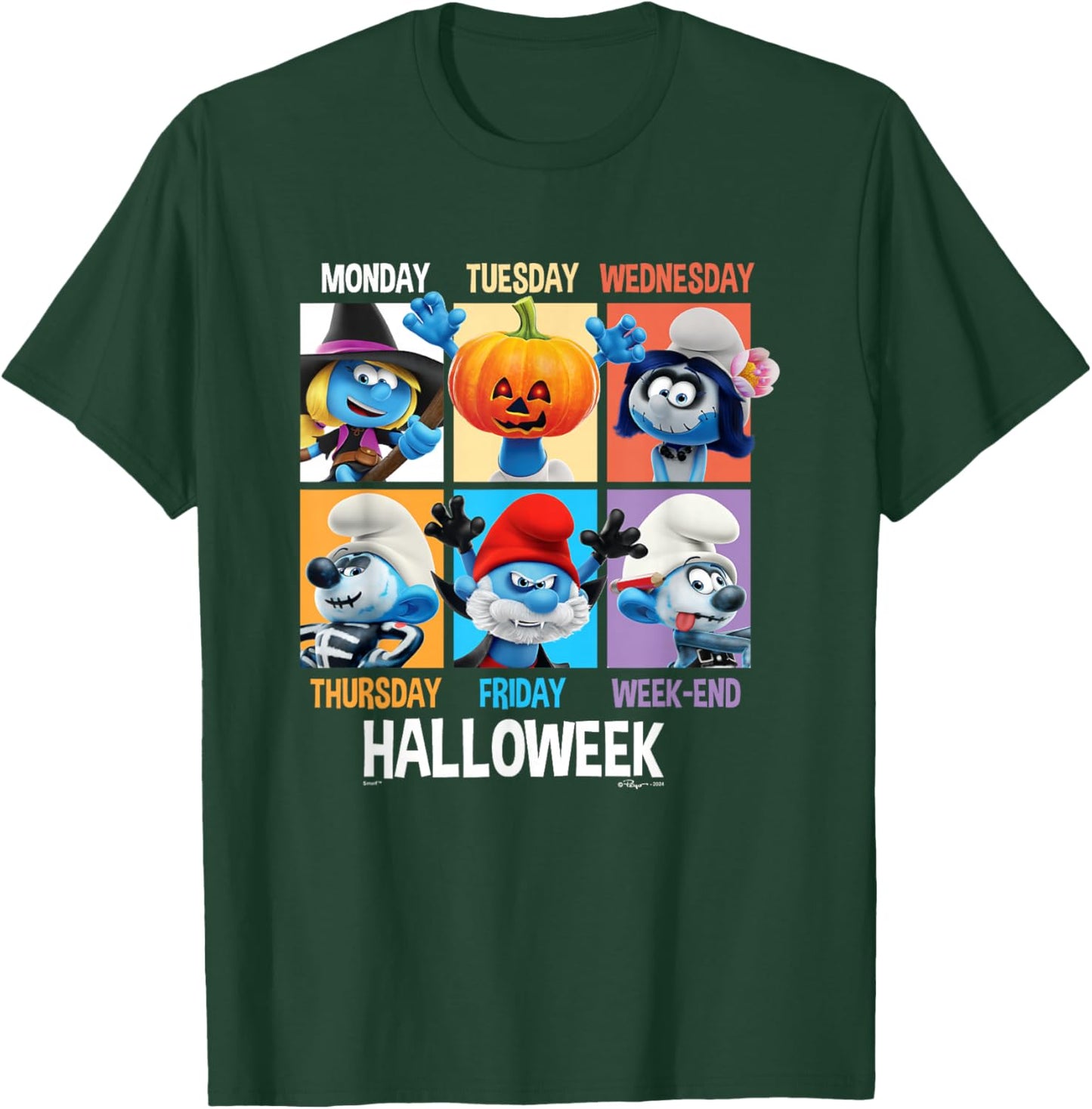 The Smurfs Halloween Hallowek Group Shot Big Chest Panels T-Shirt - T-Shirt | Forest