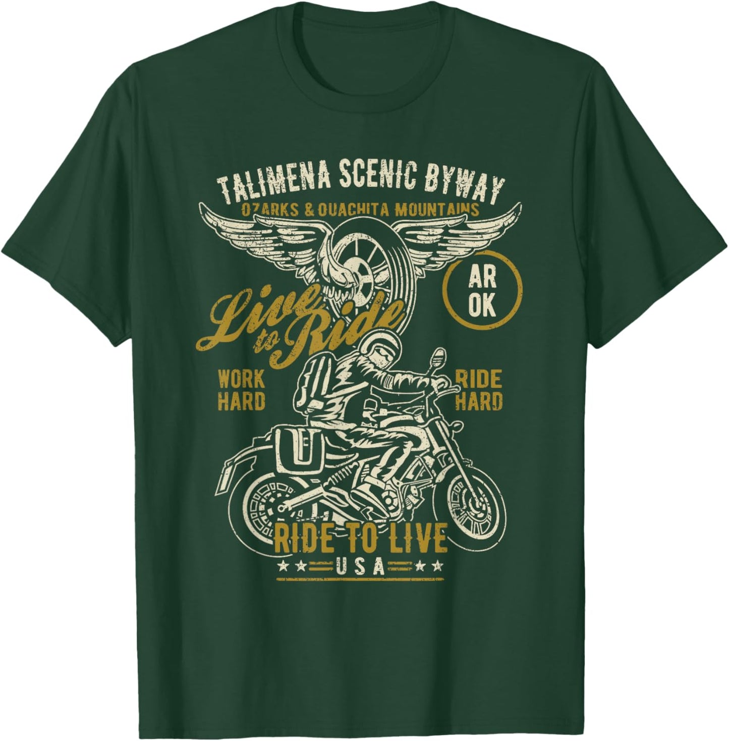Talimena Scenic Byway AR OK USA Motorcycle Distressed Design T-Shirt - T-Shirt | Forest