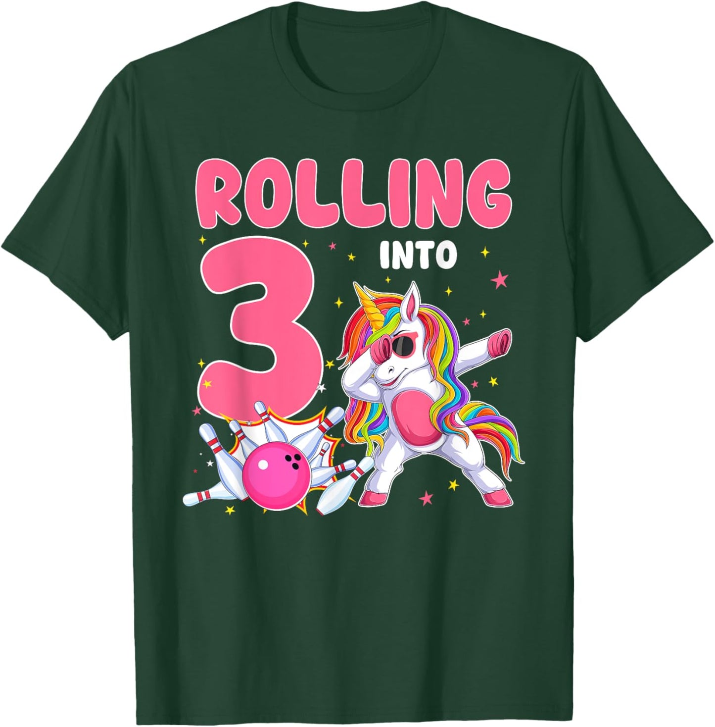 Rolling Into 3 3rd Birthday Unicorn Bowling 3 Year Old T-Shirt - T-Shirt | Forest