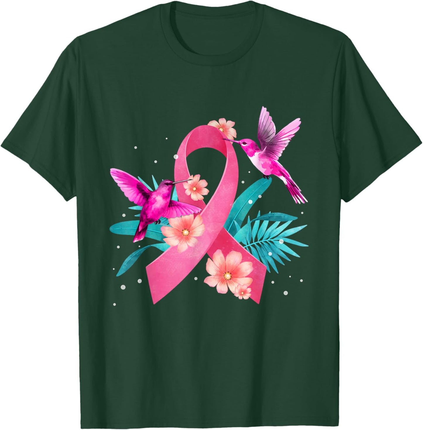 Hummingbird Breast Cancer Awareness Pink Ribbon Flowers T-Shirt - T-Shirt | Forest