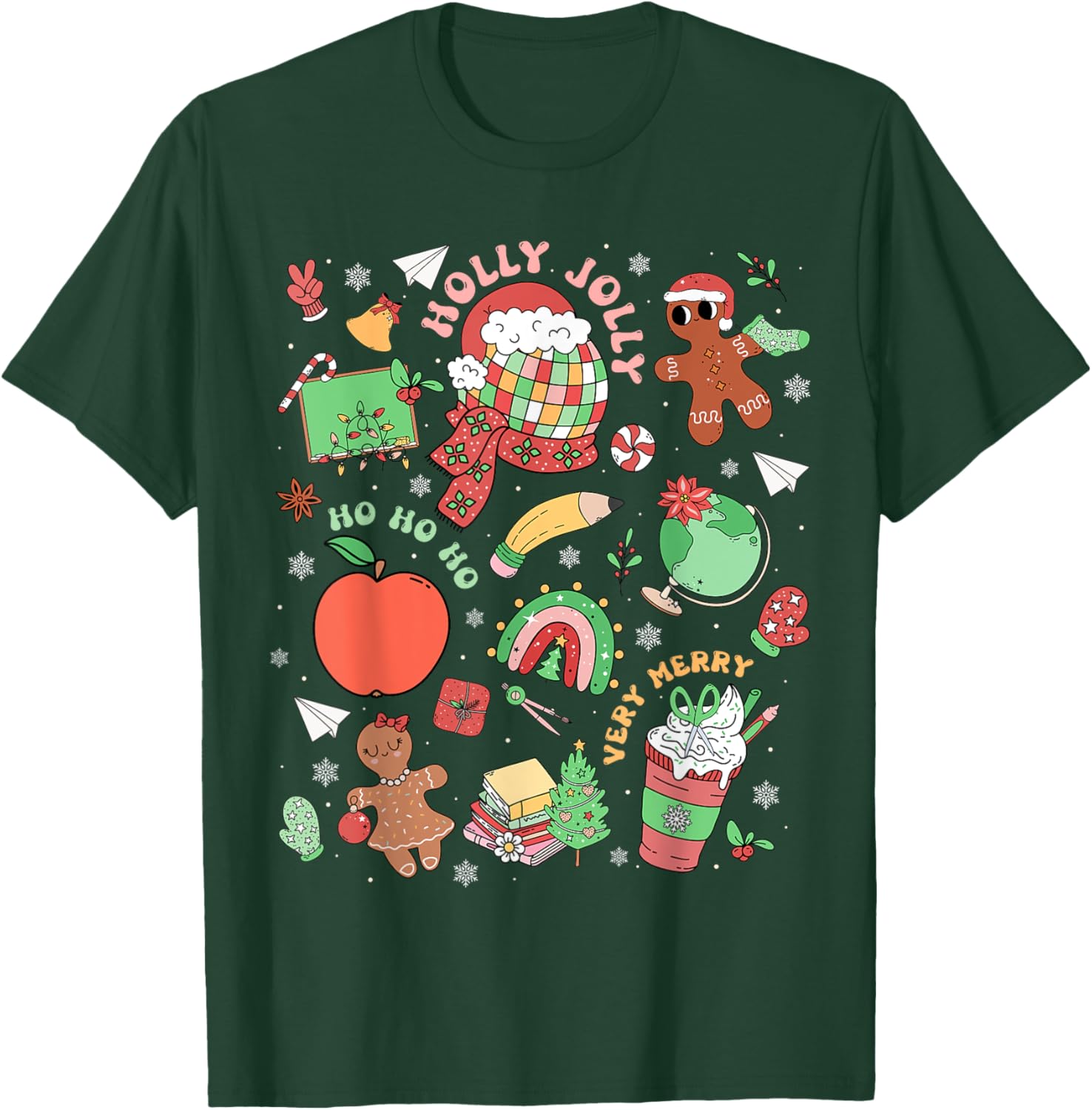 Retro Very Merry Teacher Gingerbread Rainbow Xmas Holiday T-Shirt - T-Shirt | Forest