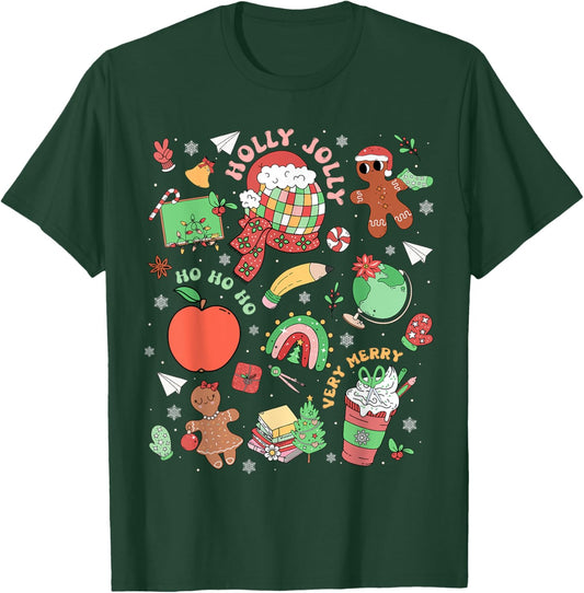 Retro Very Merry Teacher Gingerbread Rainbow Xmas Holiday T-Shirt - T-Shirt | Forest