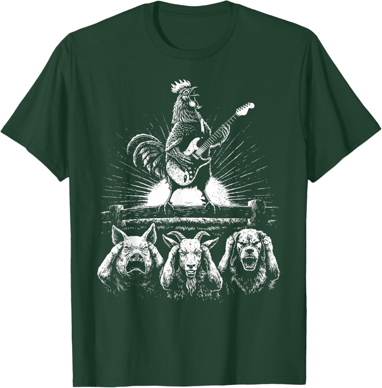 Funny Rooster Playing Electric Guitar Loud Rock Music Alarm T-Shirt - T-Shirt | Forest