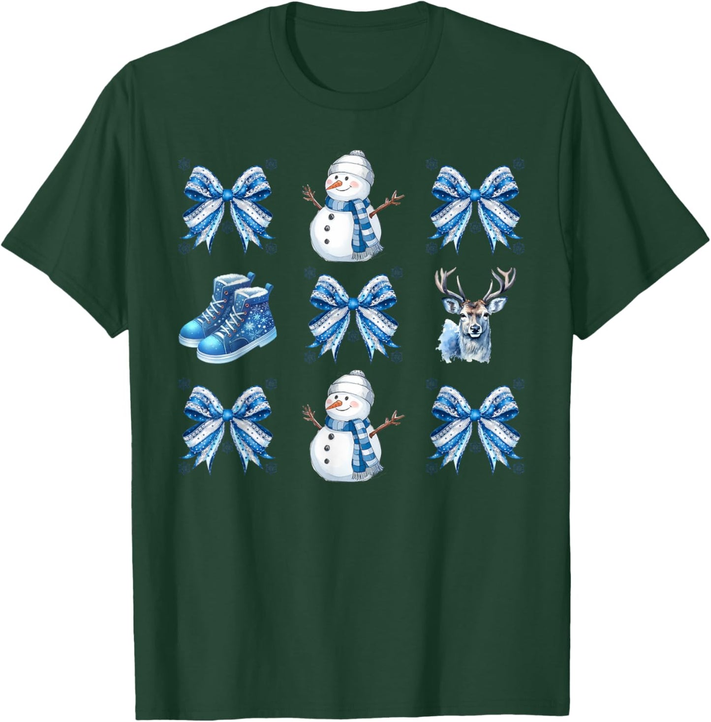 Cute Snowman Coquette Bow Winter Wonderland Icy Blue Xmas T-Shirt - T-Shirt | Forest