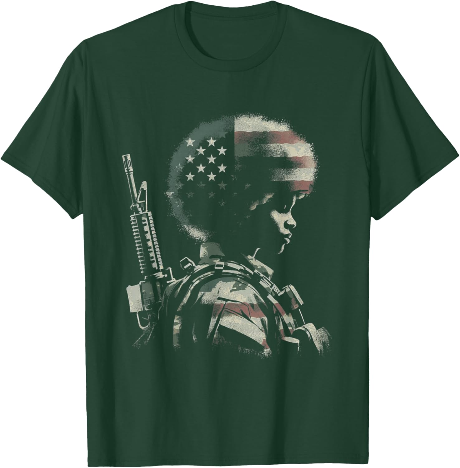 Female Soldier American Flag - Patriotic USA Afro Veteran T-Shirt - T-Shirt | Forest
