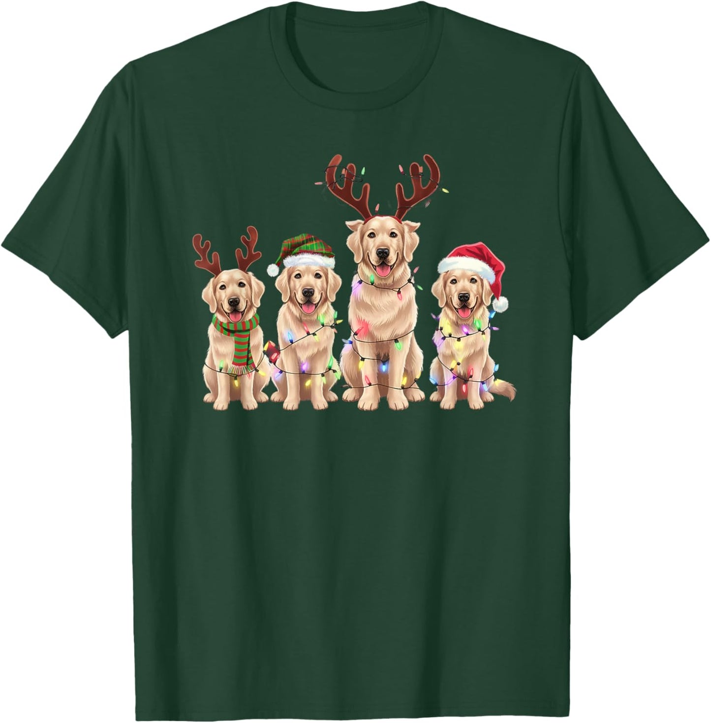 Threadrock -Adults Golden Retrievers Christmas Lights Reindeer Antlers Holiday - Black, Small, Short Sleeve T-Shirt - T-Shirt | Forest