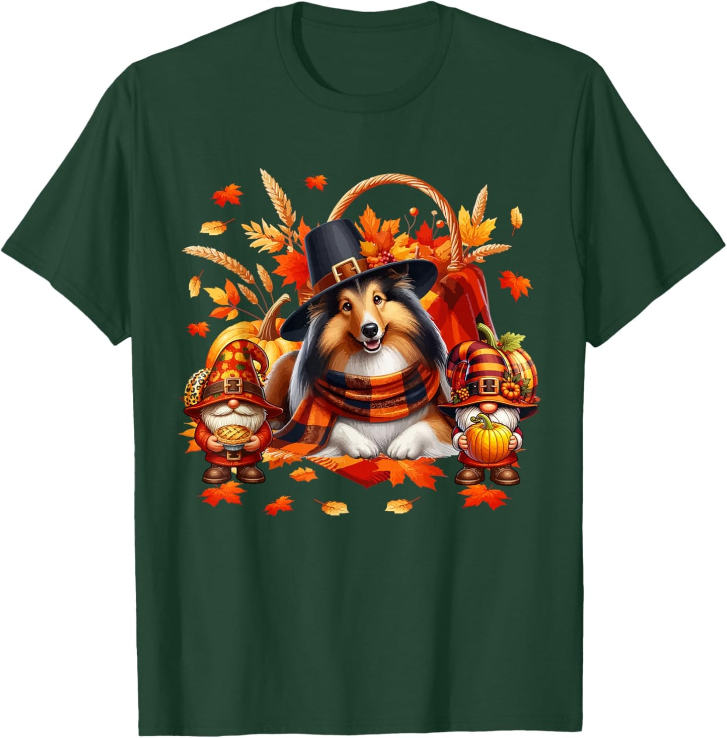 Thanksgiving Sheltie With Gnomes Fall Leaves Pumpkins T-Shirt - T-Shirt | Forest