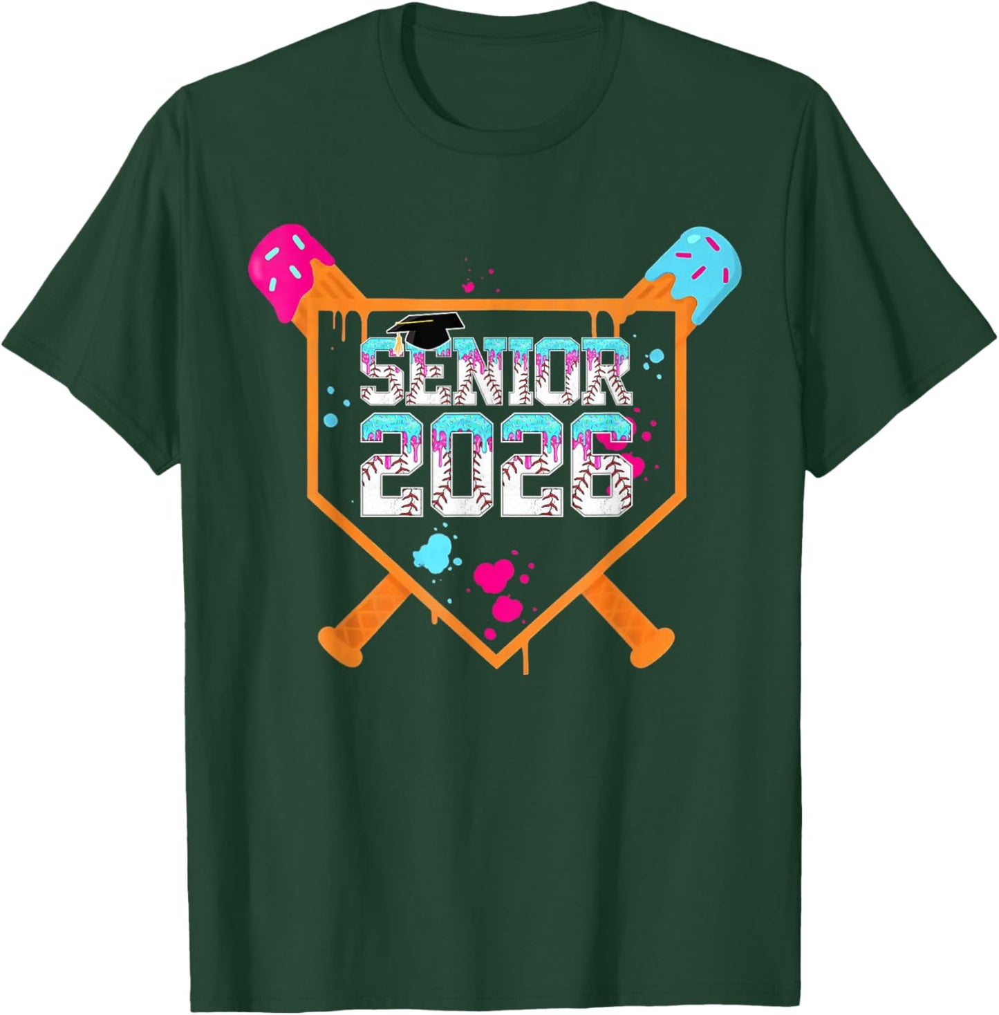 Class of 2026 Senior 2026 Graduation Baseball Ice Cream Drip T-Shirt - T-Shirt | Forest