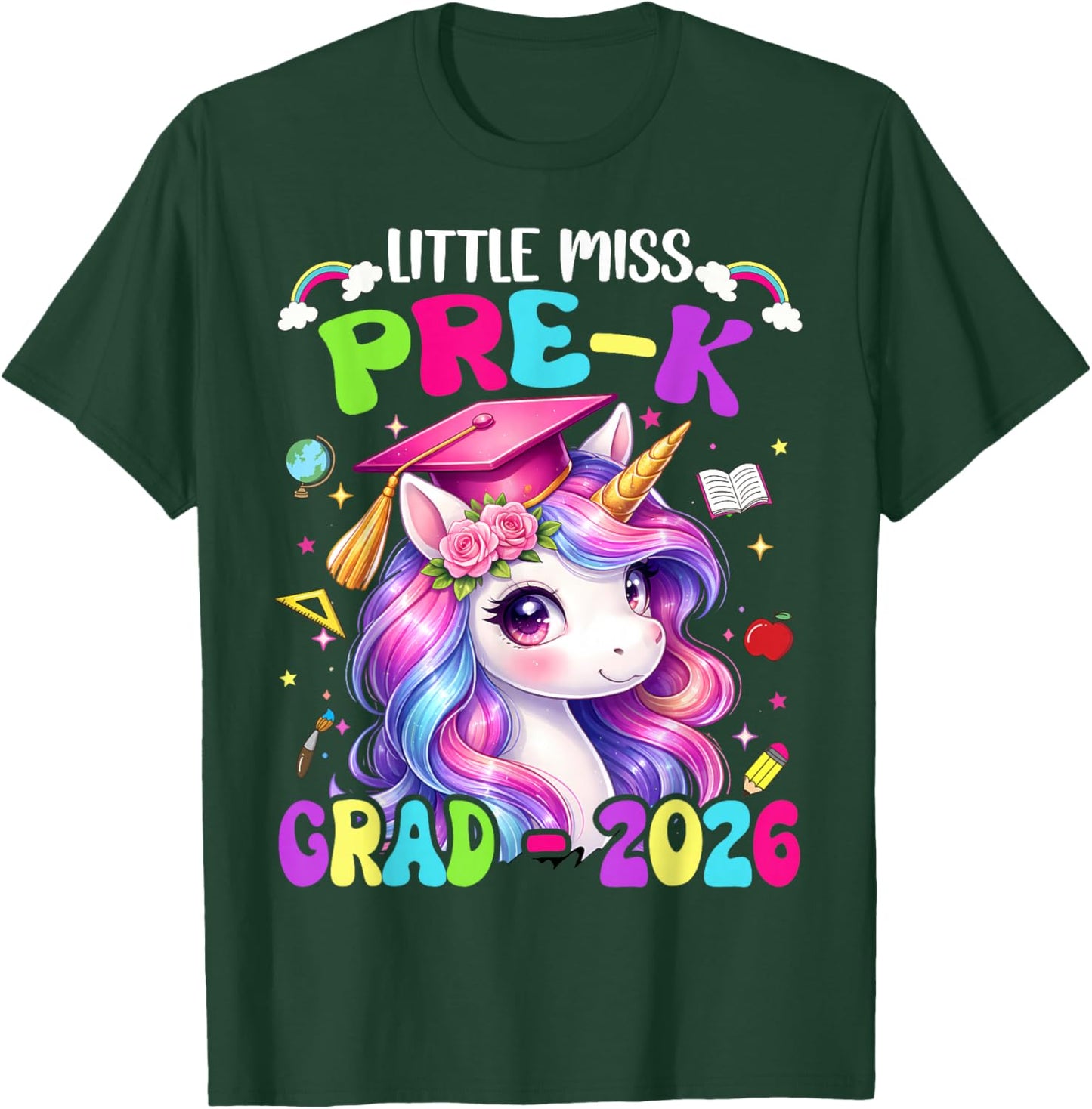 Little Miss Pre-K Grad 2026 Graduate Unicorn Kids Girl Prek T-Shirt - T-Shirt | Forest