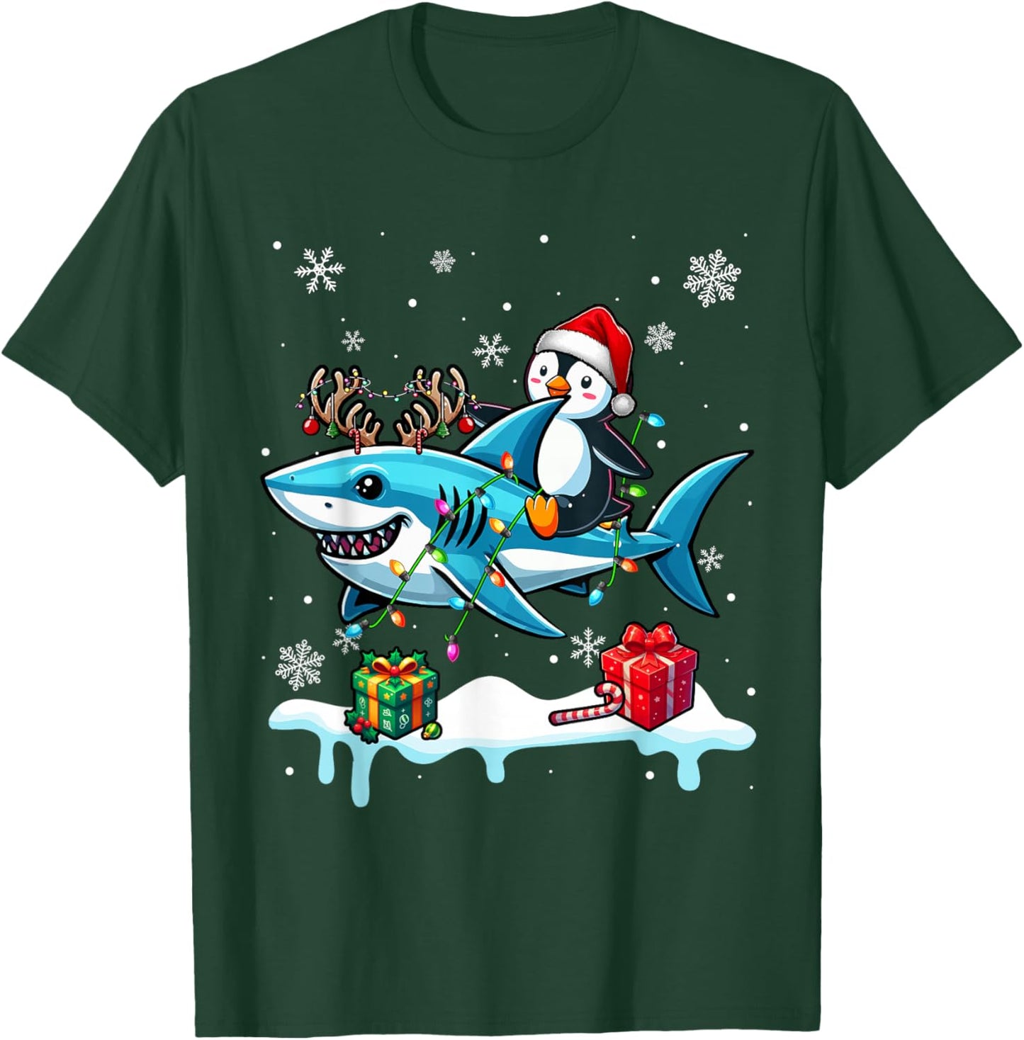 Christmas Santa Penguin Riding Reindeer Shark Lover Kids T-Shirt - T-Shirt | Forest