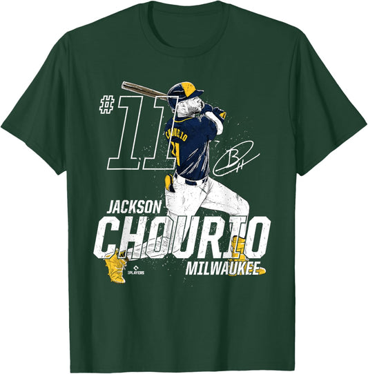 Dynamic Pose Jackson Chourio Milwaukee Baseball MLBPA T-Shirt - T-Shirt | Forest