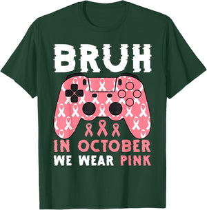 Bruh In October We Wear Pink Breast Cancer Gaming Kids Boys T-Shirt - T-Shirt | Forest