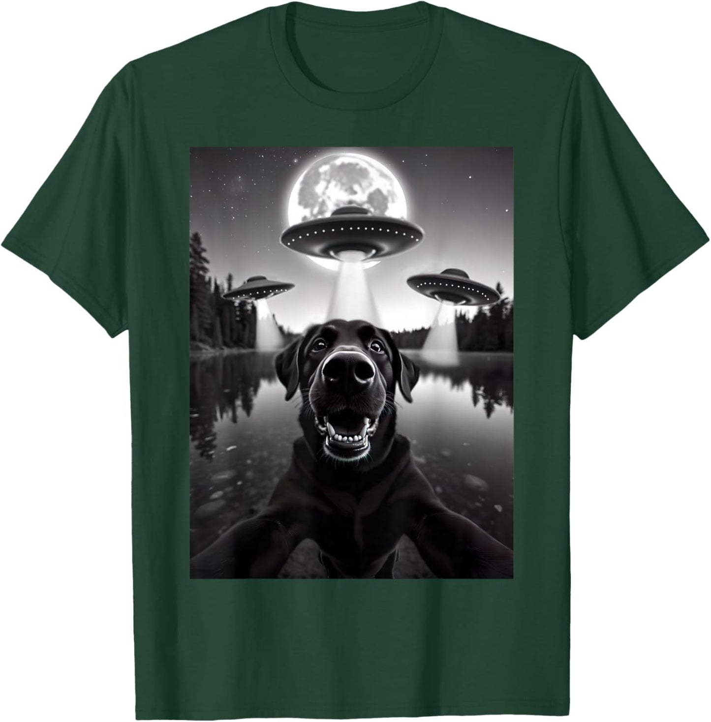 Funny Black Lab Labrador Dog Selfie with UFOs Weird Aliens T-Shirt - T-Shirt | Forest
