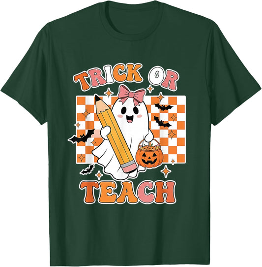 Vintage Teacher Shirt Women Funny Trick Or Teach Halloween T-Shirt - T-Shirt | Forest
