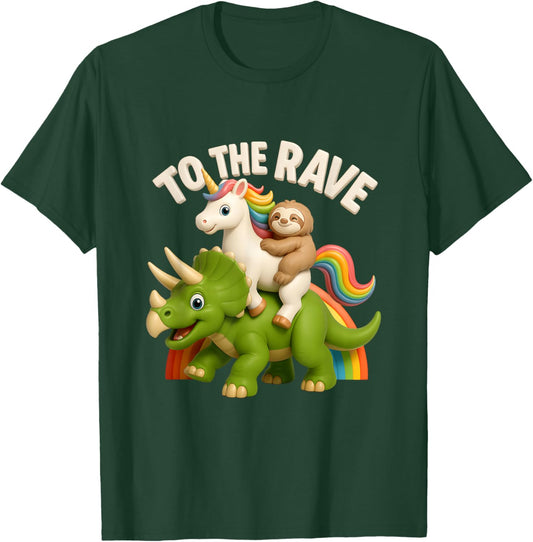 to Rave Unicorn and Sloth Riding Triceratops Dinosaur T-Shirt - T-Shirt | Forest
