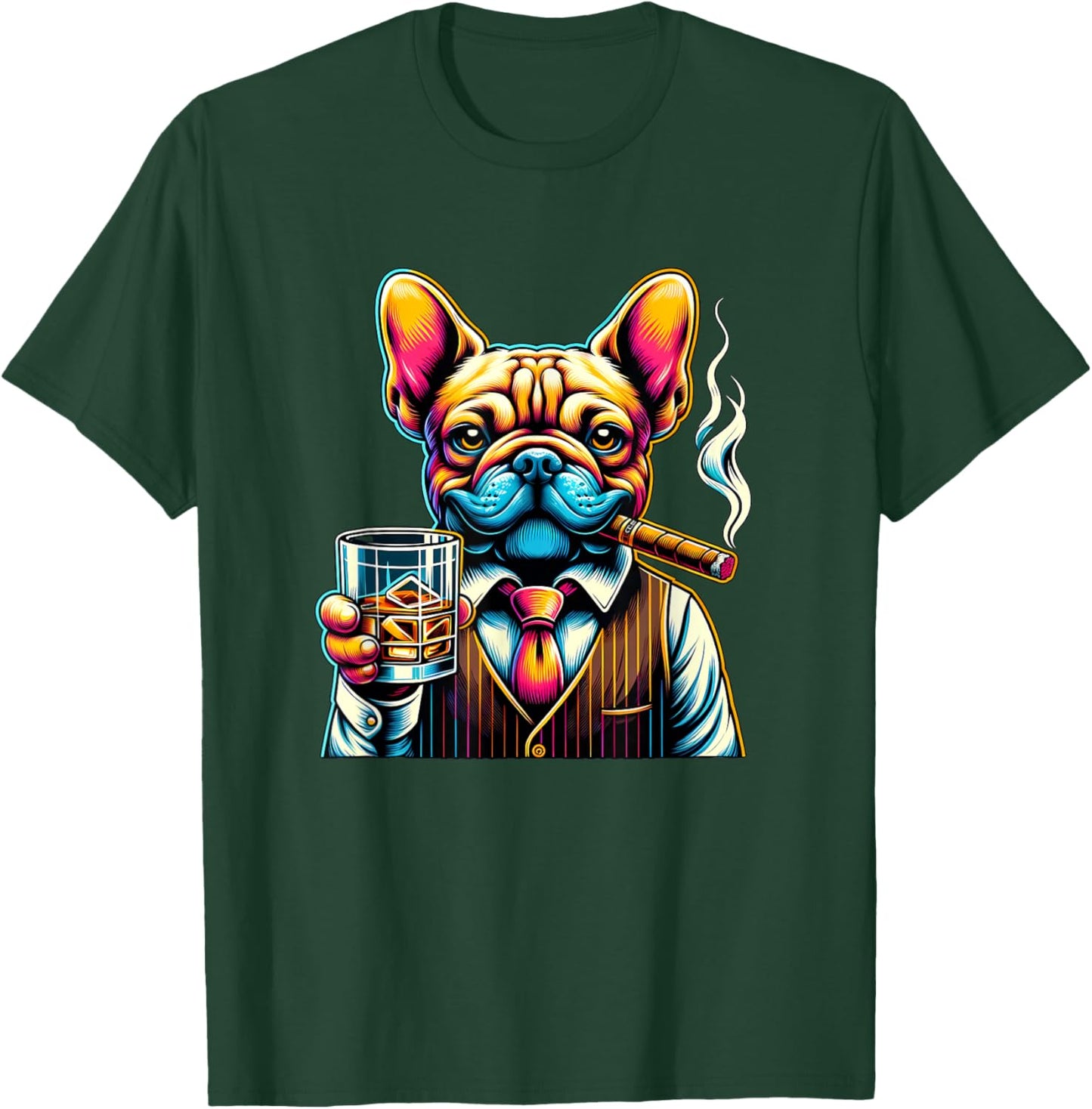 Frenchie dog Cigar And Whiskey Men Women T-Shirt - T-Shirt | Forest