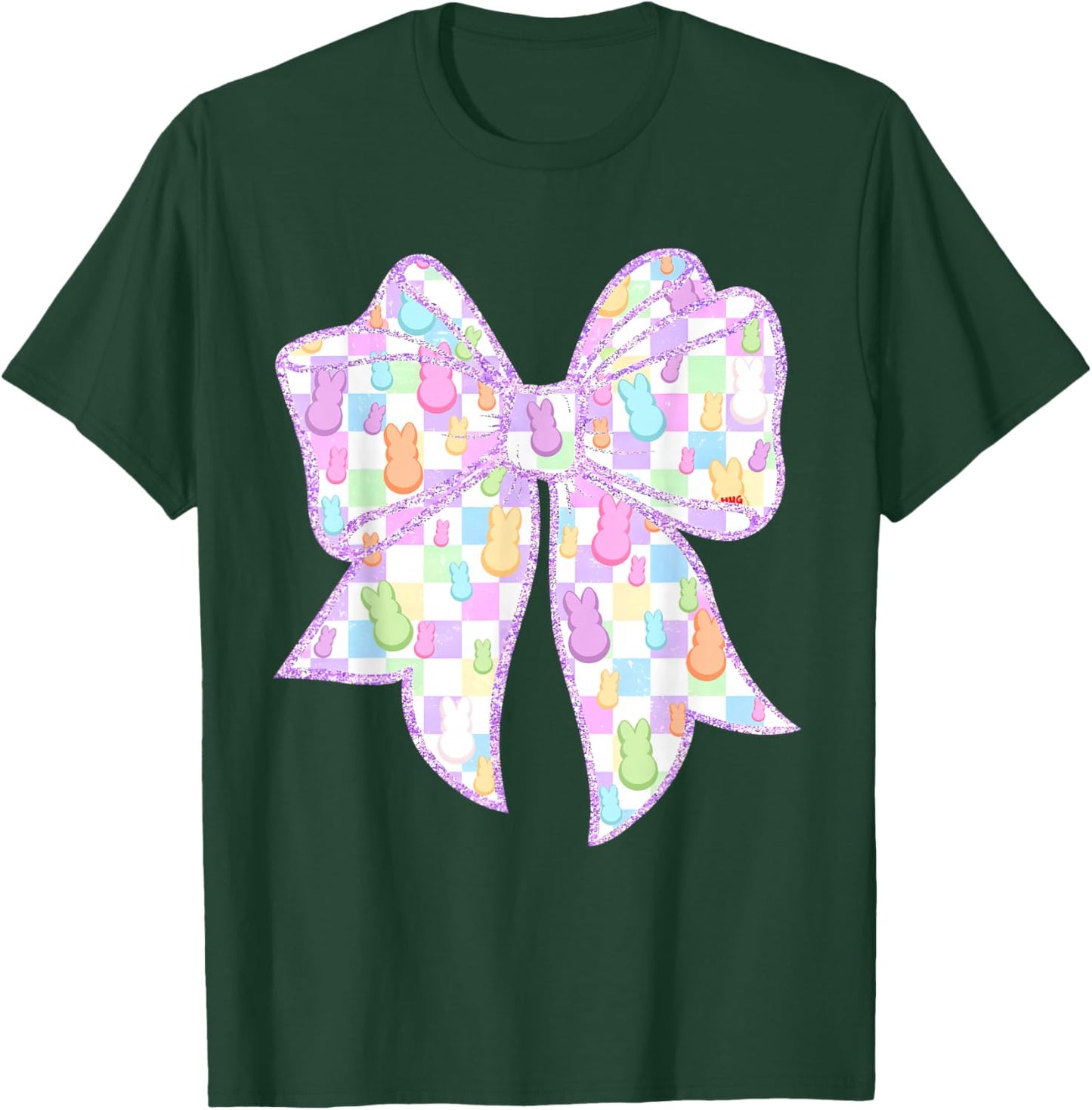 Funny Bunny Coquette Bow Rabbit Eggs Happy Easter Checkered T-Shirt - T-Shirt | Forest