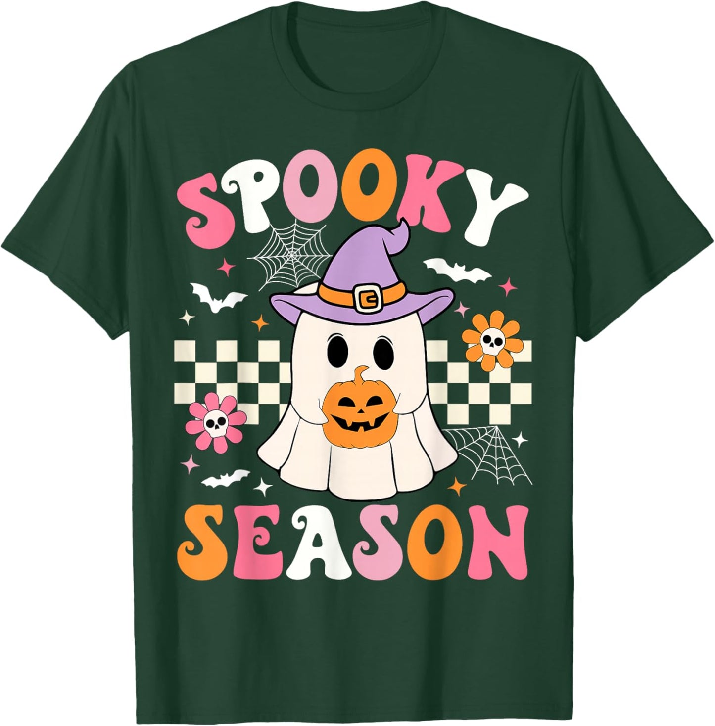 Spooky Season Ghost Holding Pumpkin Groovy Halloween Ghost T-Shirt - T-Shirt | Forest