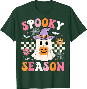 Spooky Season Ghost Holding Pumpkin Groovy Halloween Ghost T-Shirt - T-Shirt | Forest