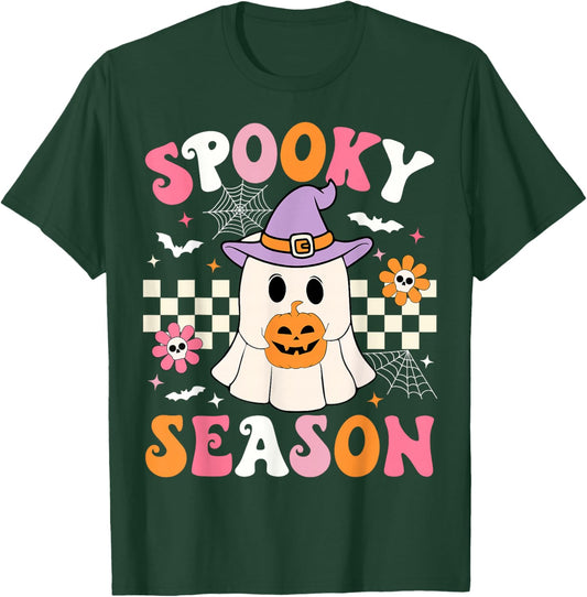 Spooky Season Ghost Holding Pumpkin Groovy Halloween Ghost T-Shirt - T-Shirt | Forest