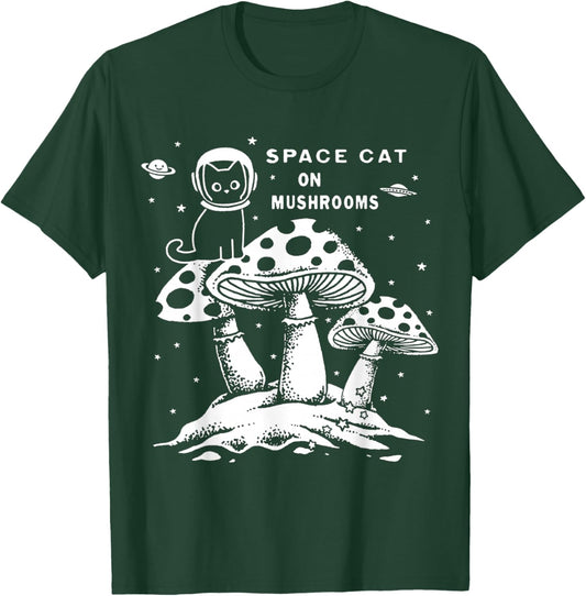 Space Cat on Mushrooms T-Shirt - T-Shirt | Forest