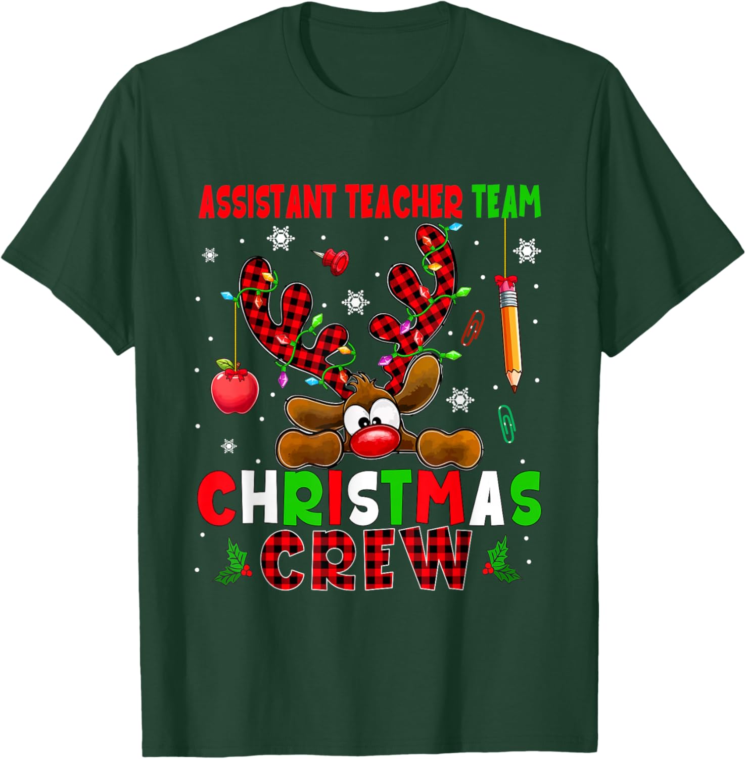 Assistant Teacher Team Christmas Crew Job Colorful Reindeer T-Shirt - T-Shirt | Forest