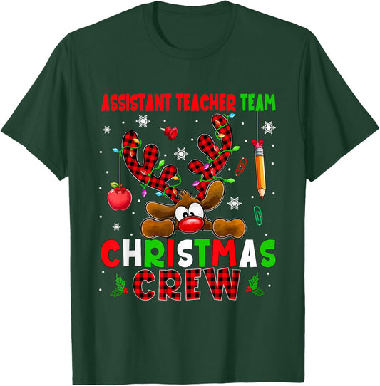 Assistant Teacher Team Christmas Crew Job Colorful Reindeer T-Shirt - T-Shirt | Forest