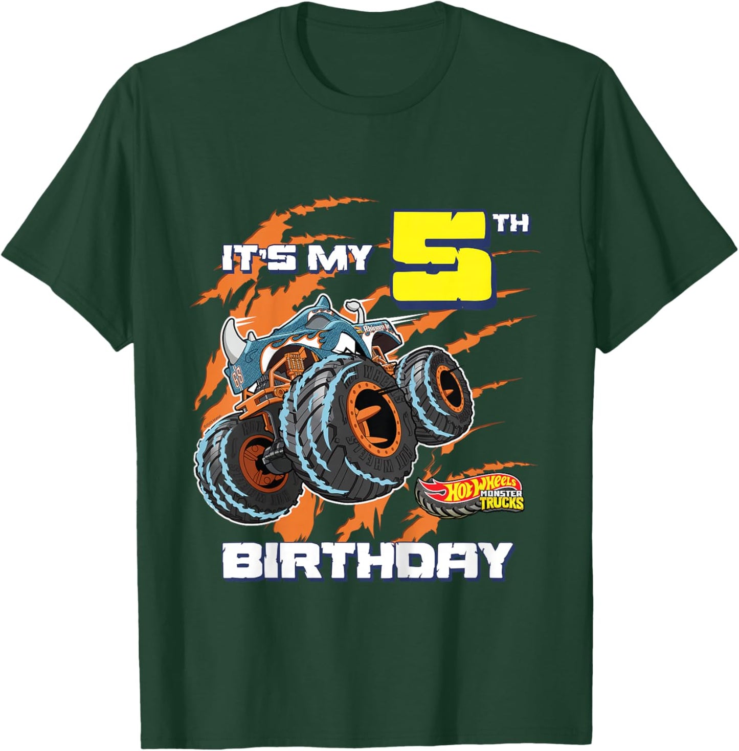 Kids Hot Wheels Monster Trucks - It's My 5th Birthday T-Shirt - T-Shirt | Forest