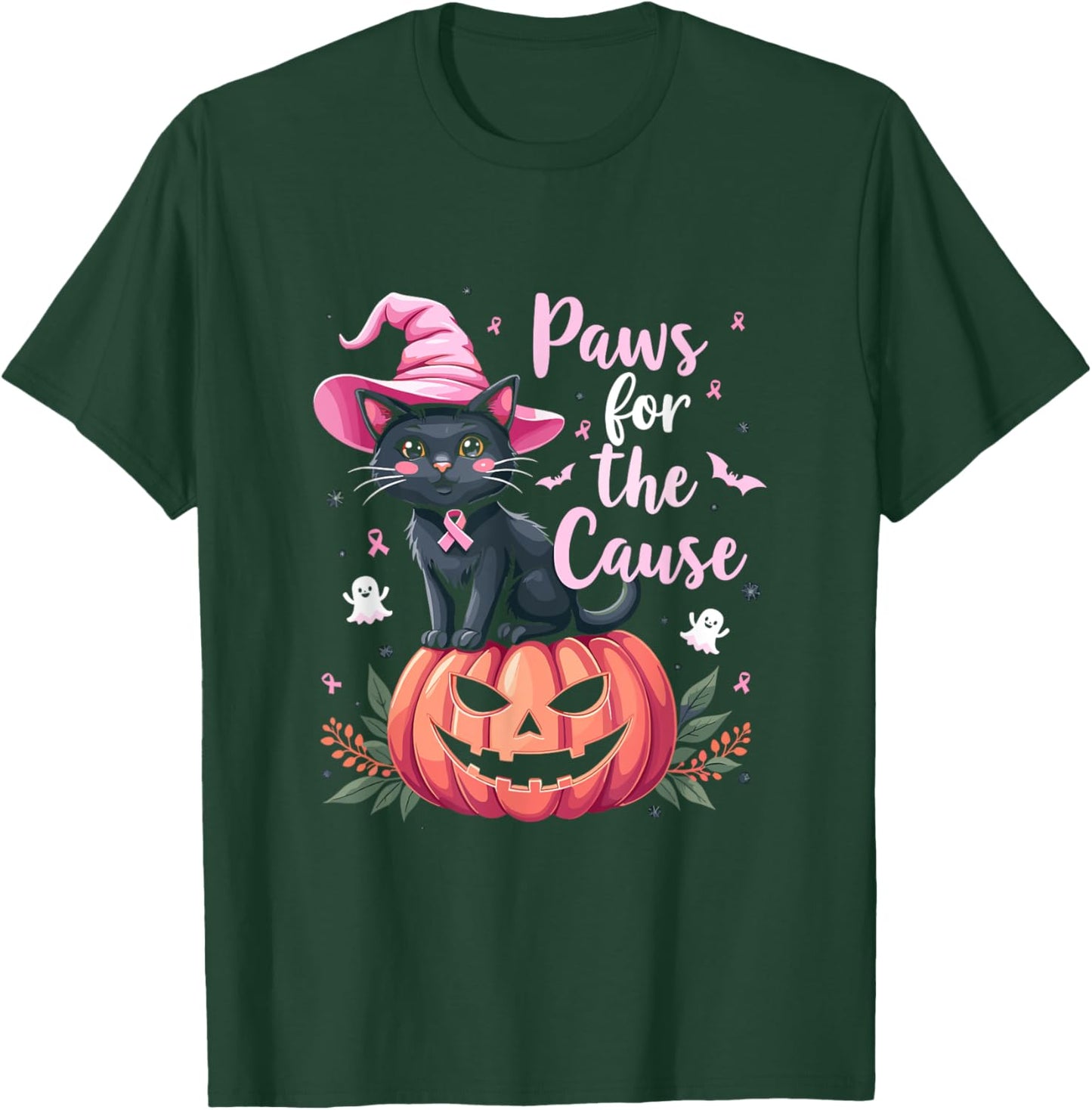 Paws For The Cause Pink Ribbon Witch Hat Pumpkin T-Shirt - T-Shirt | Forest