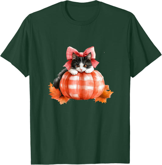 Cute Halloween Pumpkin Cat Pink Fall Plaid Thanksgiving Girl T-Shirt - T-Shirt | Forest