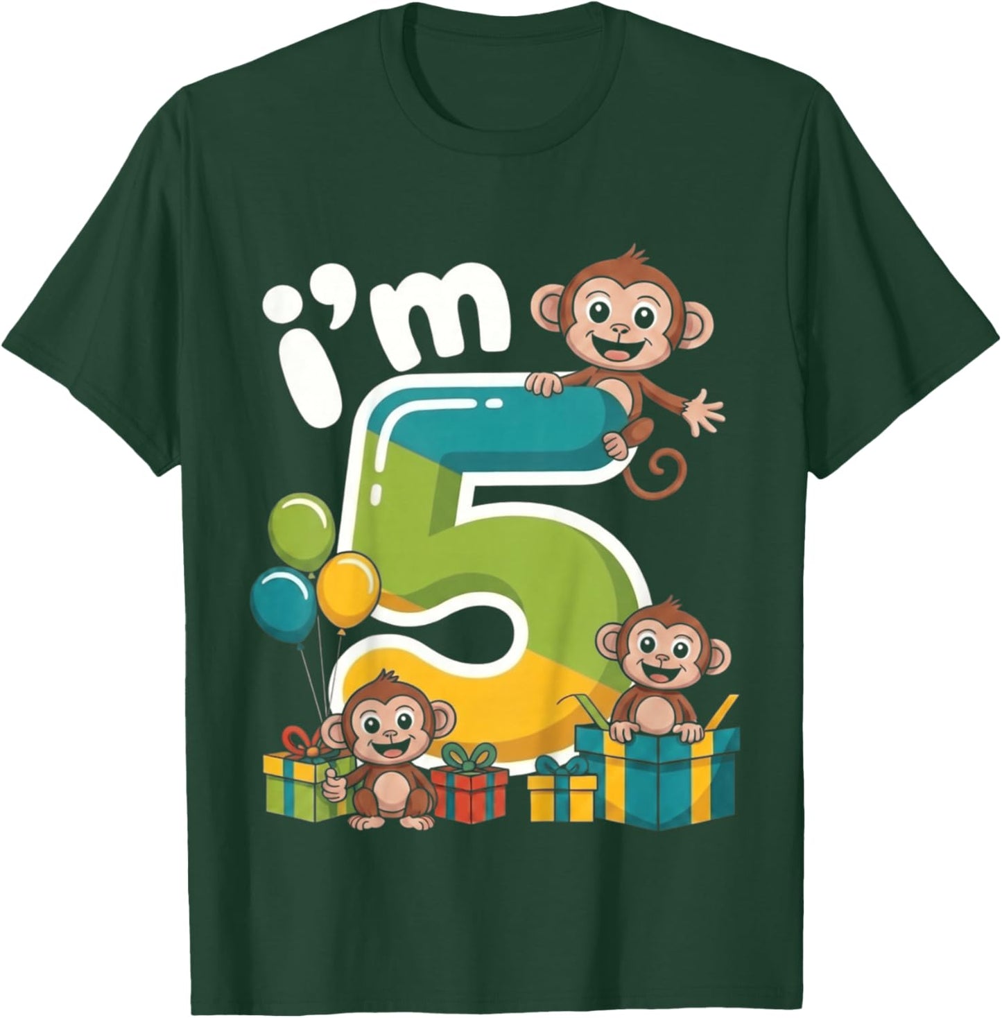Kids Five 5yr 5th Birthday Monkey Party Jungle 5 Year Old Boys T-Shirt - T-Shirt | Forest
