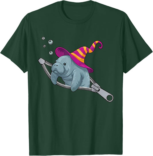 Manatee Emerging from A Zipper Cute Manatee Halloween Wizard T-Shirt - T-Shirt | Forest
