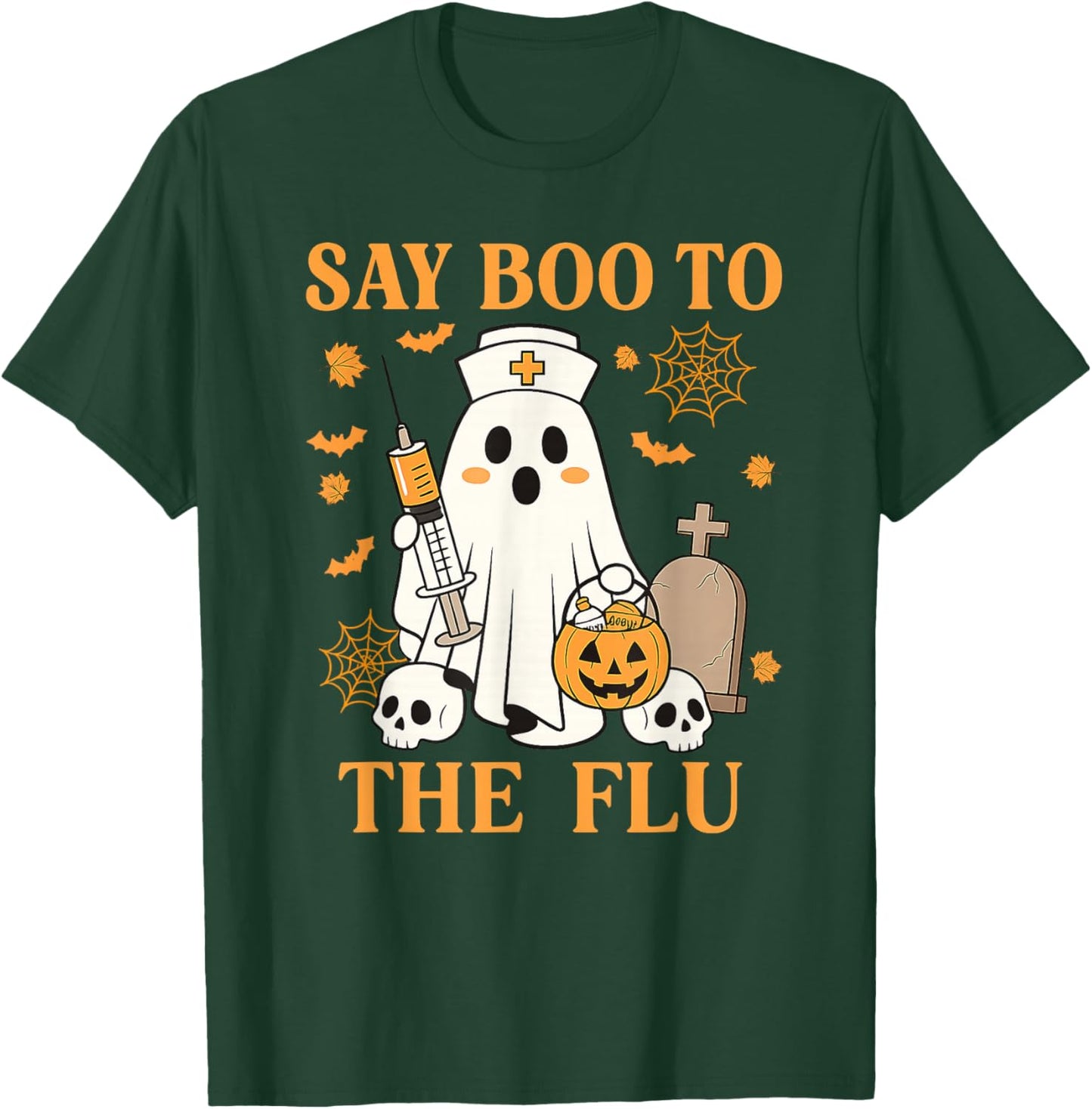 Retro Nurse Ghost Halloween Vaccine Say Boo to The Flu T-Shirt - T-Shirt | Forest