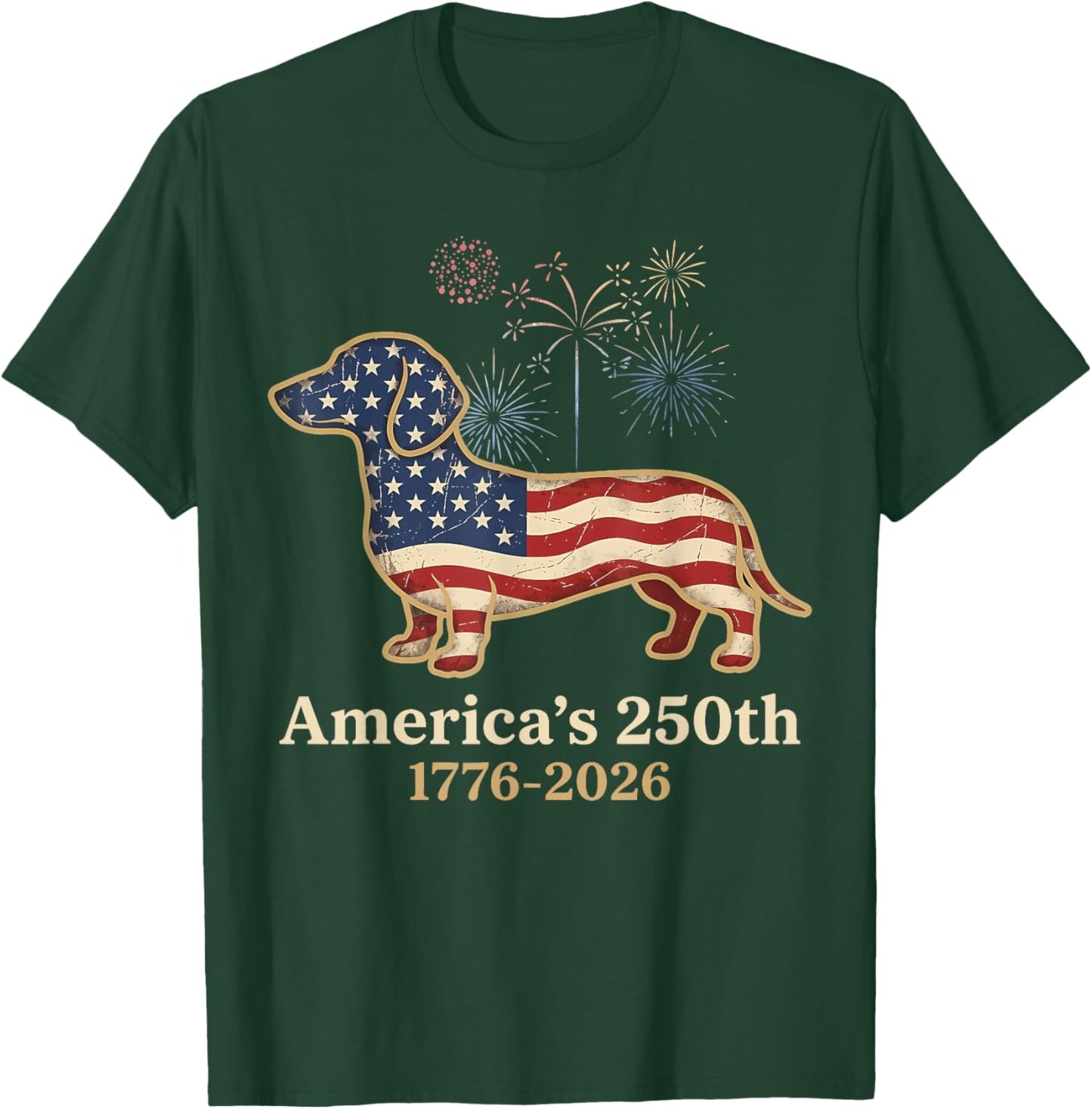 Dachshund 250th Patriotic Dog Fireworks Funny Wiener Dog T-Shirt - T-Shirt | Forest