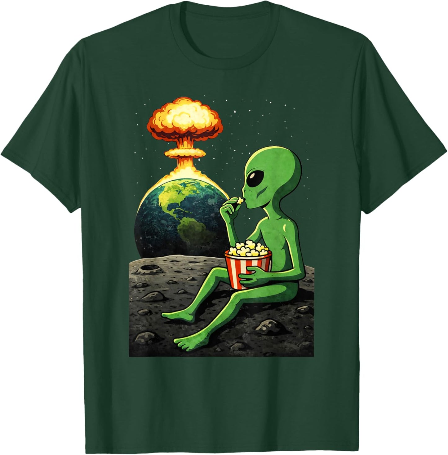 Funny Alien Watching Earth Popcorn Space Humor T-Shirt - T-Shirt | Forest