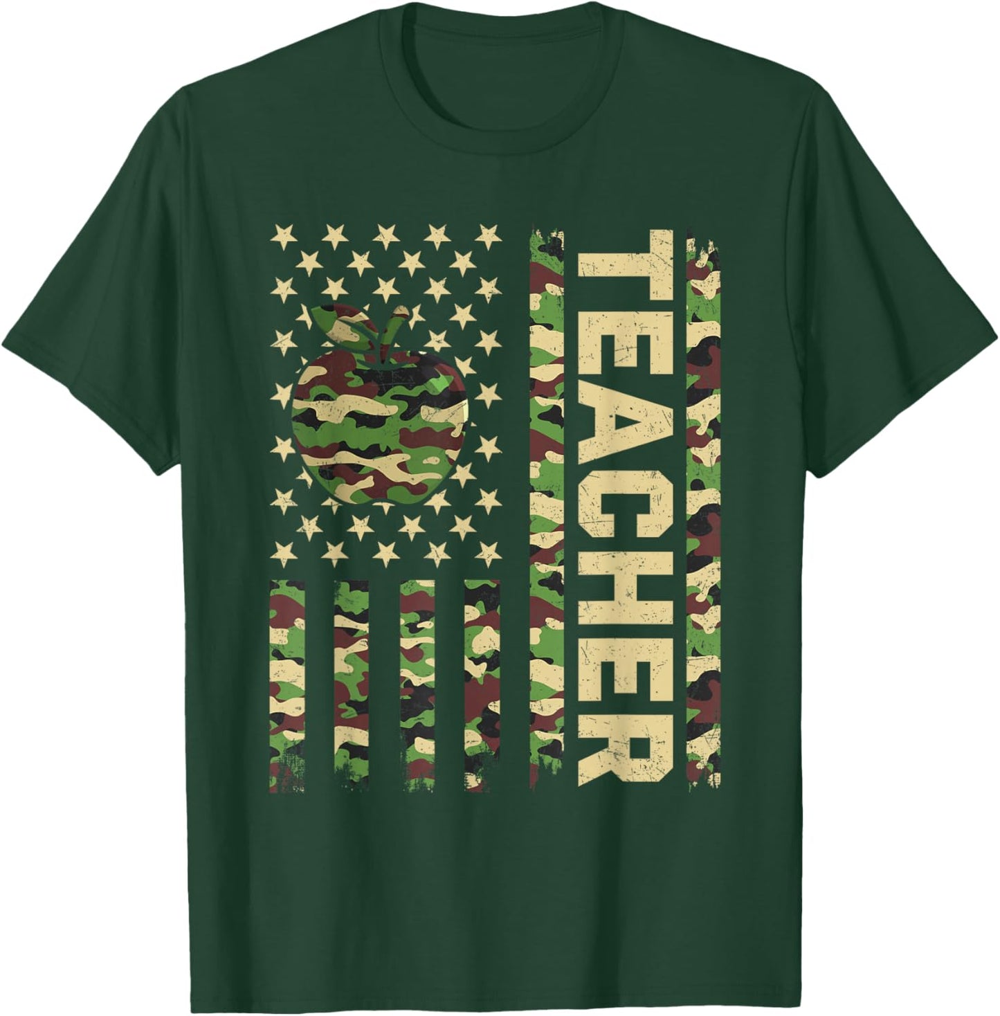 Camo Teacher Vintage Camouflage US USA Flag 4th of July T-Shirt - T-Shirt | Forest