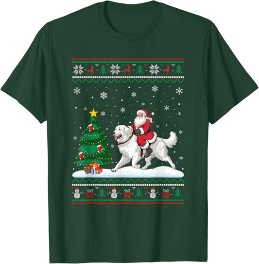 Ugly Christmas Tree Lights Santa Riding Great Pyrenees Dog T-Shirt - T-Shirt | Forest