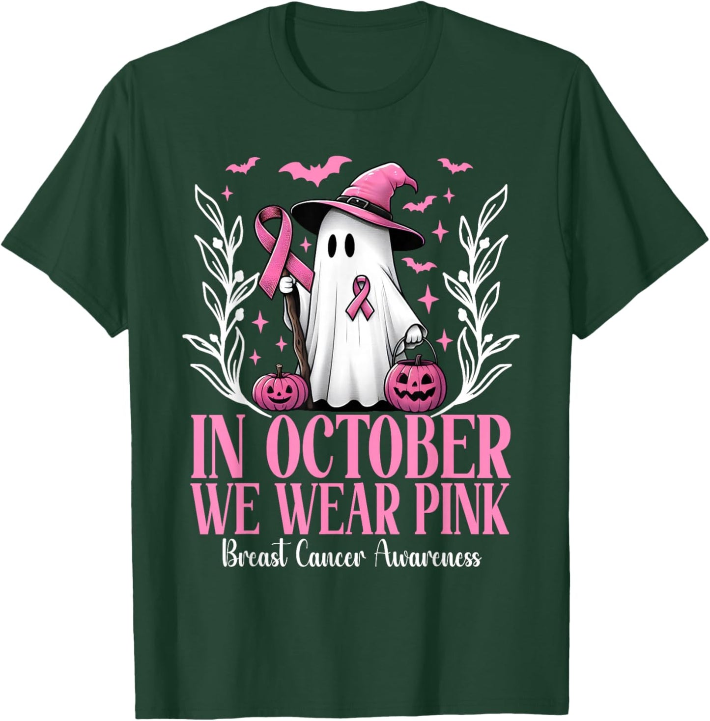 In October We Wear Pink Breast Cancer Witch Ghost Halloween T-Shirt - T-Shirt | Forest