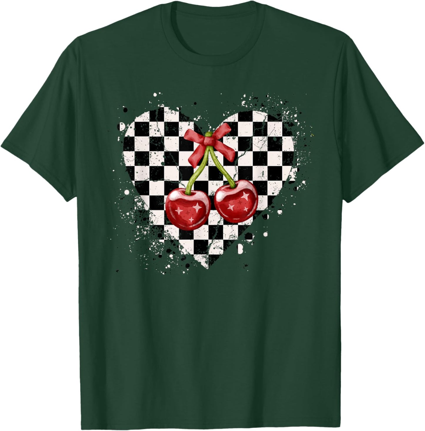 Checkered Black White Coquette Bow Red Cherries Heart Retro T-Shirt - T-Shirt | Forest