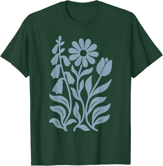 Foxglove Daisy Tulip Boho Floral Subtle Distressed Vintage T-Shirt - T-Shirt | Forest