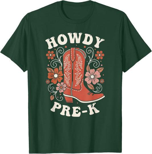 Howdy Pre K Western Cowboy Boot Teacher Design T-Shirt - T-Shirt | Forest