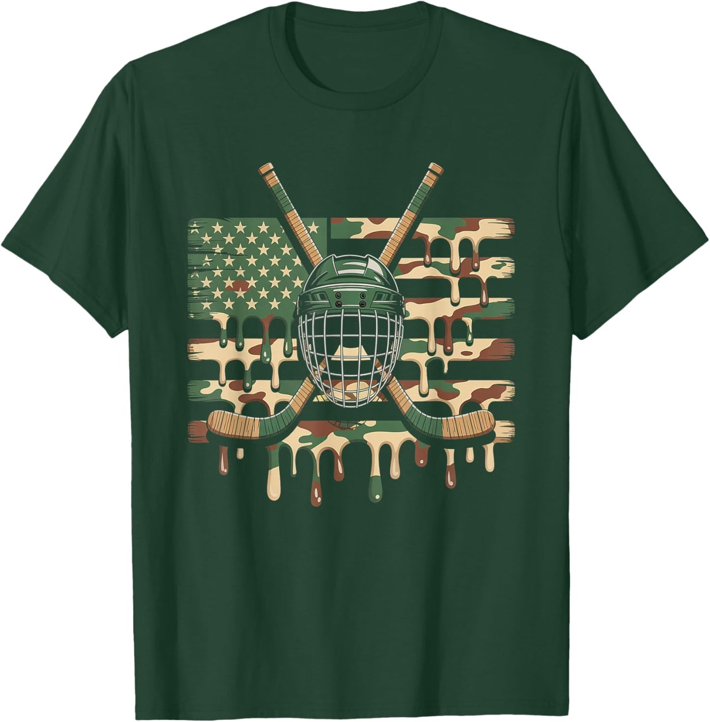 Hockey Ice Cream Drip Camo USA Flag T-Shirt - T-Shirt | Forest