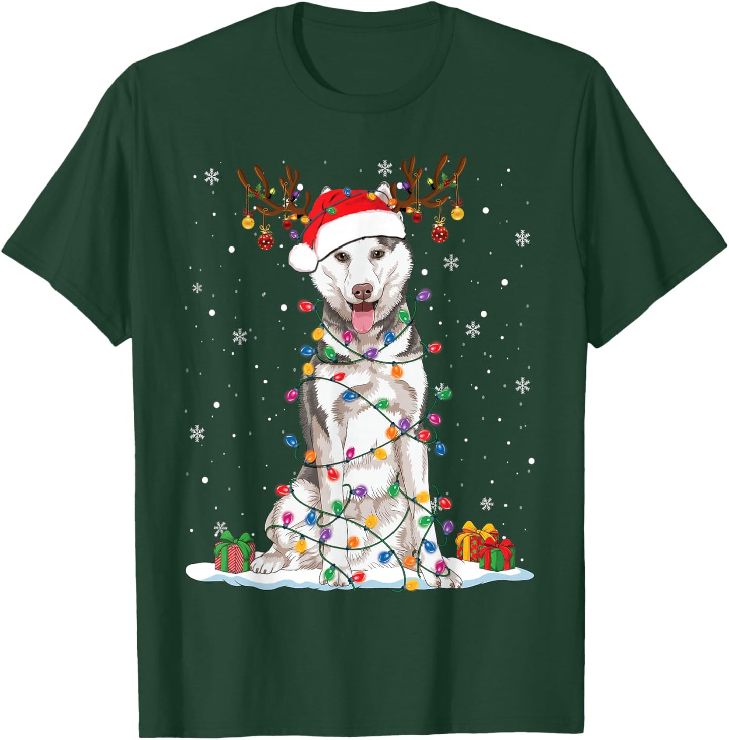 Funny Husky Dog Tree Christmas Lights Xmas Pajama Women Kids T-Shirt - T-Shirt | Forest